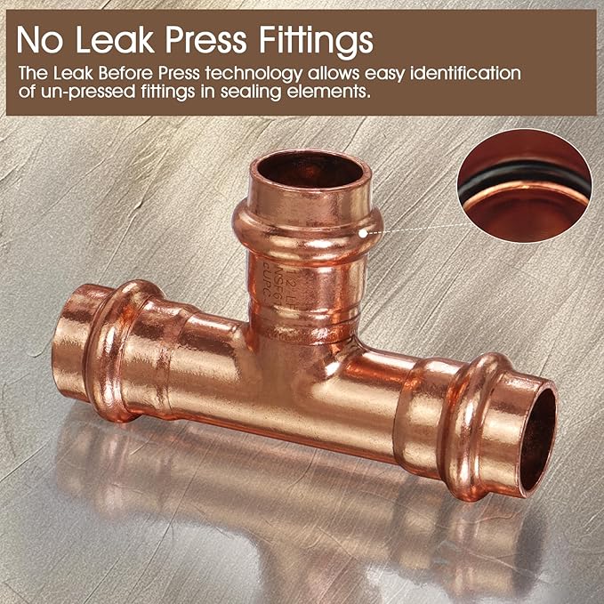 Copper Press Fittings 1/2 inch Copper Tee Fittings,Zero Lead Tee Coppers Coupling with 1/2” PxPxP,12PK Press Fit Tees for Coppers Tube Connection,OD 5/8”,Use with Hydraulic Press Fitting Tool
