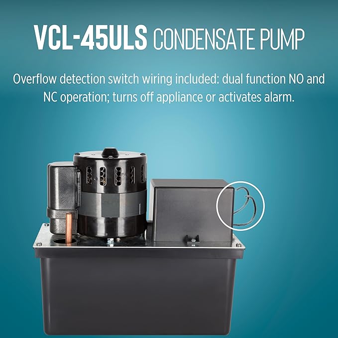 Little Giant VCL-45ULS 115 Volt, 1/5 HP, 450 GPH, Automatic Condensate Removal Pump with 1-Gallon Tank and Safety Switch, 6-Ft. Cord, Black, 553240