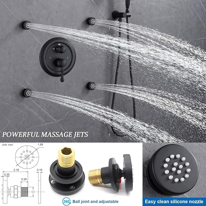 Enga Antique Shower Faucet Sets Dual Heads with 4 Body Jets, 8" + 6" Ceiling & Wall Mount Vintage Shower Head with Handheld Spray Combo, 4 Way Diverter Brass Valve, Matte Black