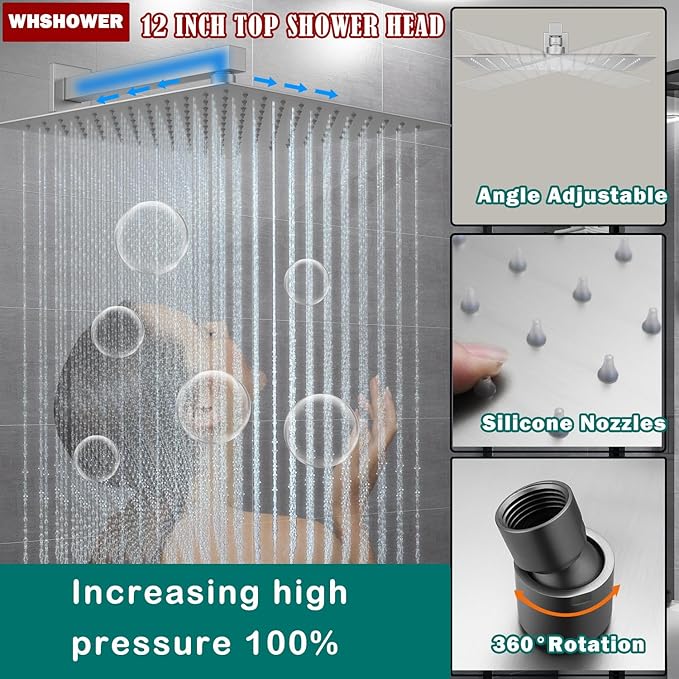 Temperature Display Rain Mixer Shower Faucet Set with 6 Body Jets 12 inch Square Rainfall Shower Head with Handheld Spray Wall Mounted Rough-in Valve and Trim Included,Brushed Nickel