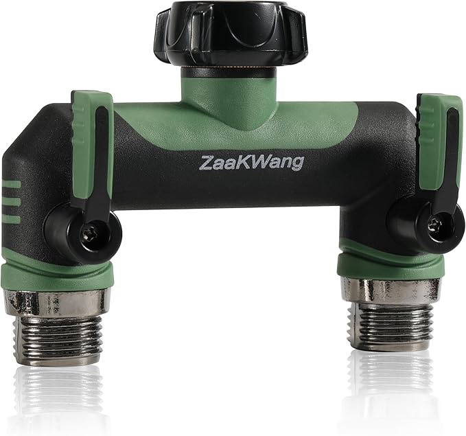 Full Flow Heavy Duty Two - Way Hose Splitter, Rugged Garden Faucet Adapter, Spout Diverter T - Way Adapter with Extended Handle, 3/4” GHT Thread, Green