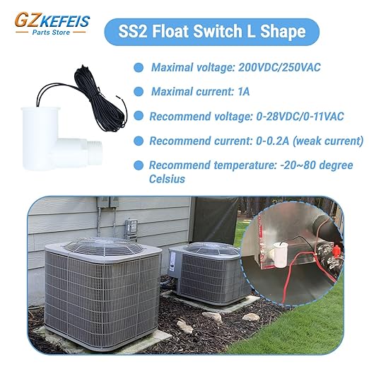 SS2 Float Switch L Shape, Compatible with Safe-T-Switch for HVAC Drain Pan Condensate Outlet, AC Water Level Switch with 3/4 Inch Adapter and 6Ft Wire (5, White)