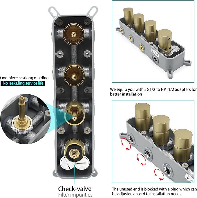 Thermostatic 3 Way Shower Diverter Valve, Modern Bathroom Concealed Brass Mixer Mixing Faucet Valve Kit Single Handle Control Flow Can Use At The Same Time, Brushed Gold