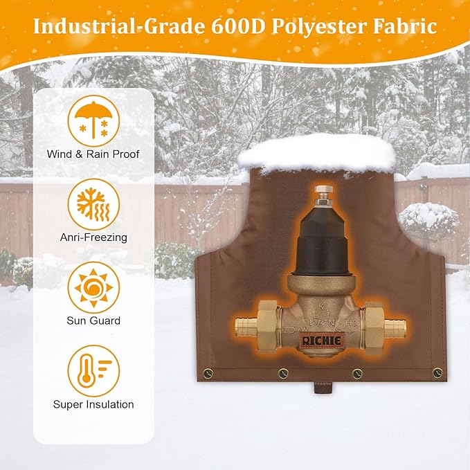 Backflow Preventer Insulated Cover (5°F) for Winter Freeze Protection, 14"W x 13"H Thickened Pressure Reducing Value & Well Pump Cover, Outdoor Waterproof Insulation Pouch for Sprinkler Valve, Brown