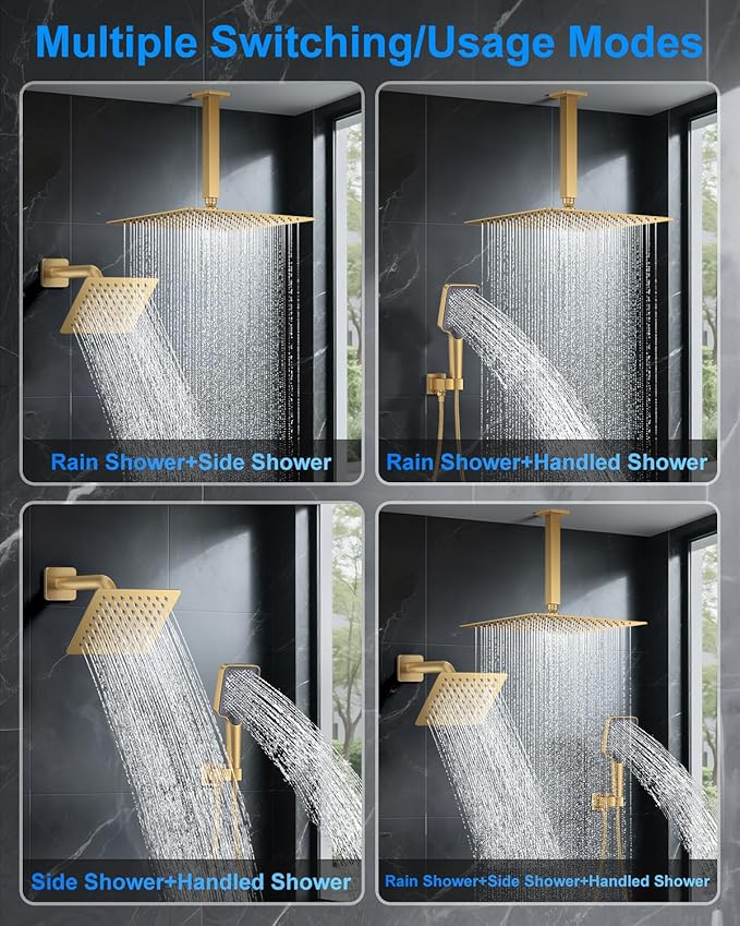 Shower System with Pressure Balance Valve, 12" Ceiling Mount Shower Faucet Set with 2 Rain Shower Head And Multi-function Handheld Head Push Button Diverter Pressure Balancing Valve Kit, Brushed Gold