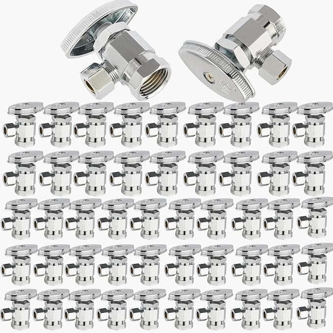 50-Pack GUOFIS Angle Stop Valve with Multi-Turn,1/2-Inch Fip Iron Pipe x 3/8-Inch OD Compression Water Shut-off Valves(LF Brass Chrome Plate)(VALVE365-50Pack)