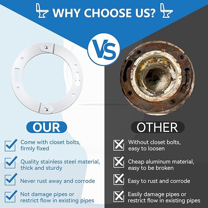 2 Piece Toilet Flange Repair Kit, Toilet Flange Repair Ring with 1/4" x 2-1/4" Closet Bolts, Stainless Steel Split Ring for Cast Iron, PVC or ABS(1 Pack)