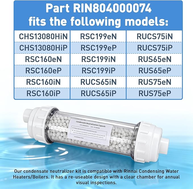 Condensate Neutralizer Kit, Compatible with Rinnai Tankless Water Heater, Replacement for Model 804000074 - Acidic Condensate Neutralizer Prevents Pipe Corrosion & Damage
