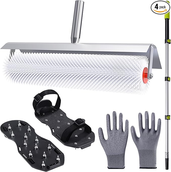Self-Leveling Floor Tool Kit with Spiked Roller, Epoxy Floor Tools, Paint Roller, Epoxy Shoes Spikes for Concrete and Cement Flooring, 4-Piece Set (Large defoamer)