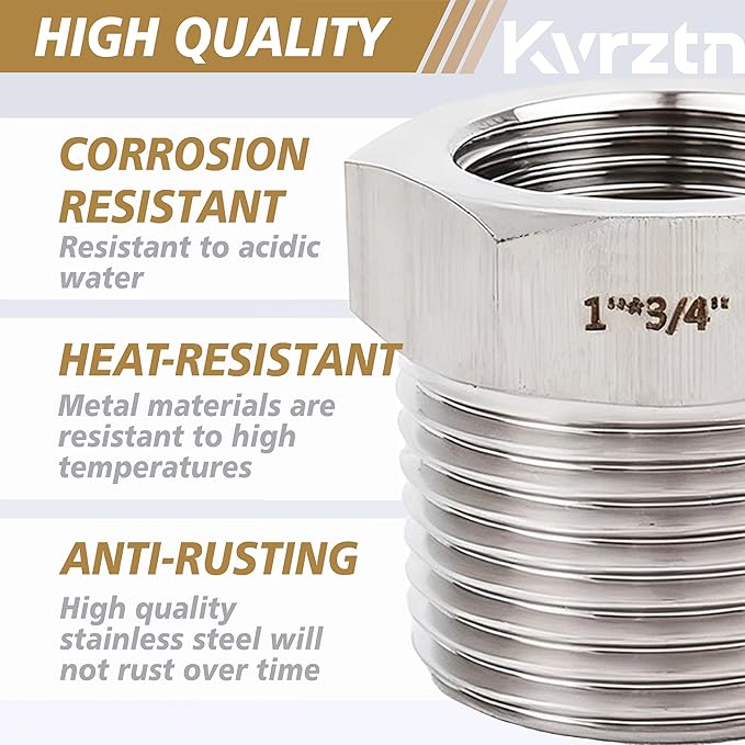 1" NPT Male to 1/2" NPT Female Reducer Bushing,2 Pcs 304 Stainless Steel NPT Reducing Adapter Pipe Fitting, Heavy Duty Pipe Hex Bushing for Reducing Pipe
