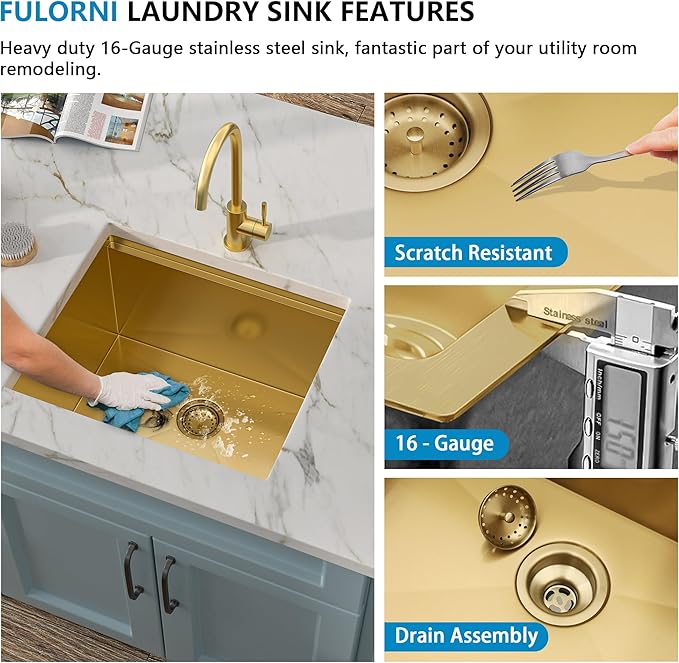 21"x18" Undermount Laundry Utility Sink Workstation – Brushed Gold NANO-PVD, 16 Gauge 304 Stainless Steel, 12 Inch Deep Single Bowl Sink Basin for Laundry Room, RV or Utility Use