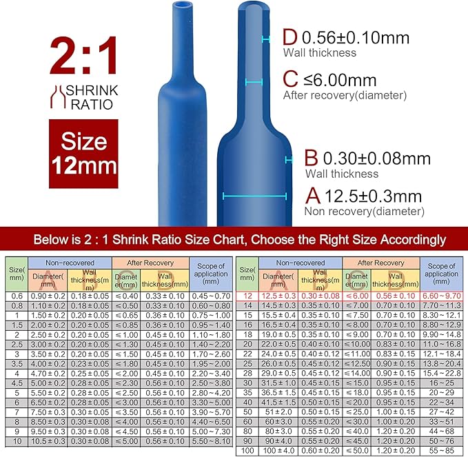 Chanzon 2:1 Ratio 1/2" (12mm) Heat Shrink Tubing 3.3Ft Roll (1M Total Length) Blue Polyolefin Sleeving Wrap Shrinking 2 to 1 1pcs
