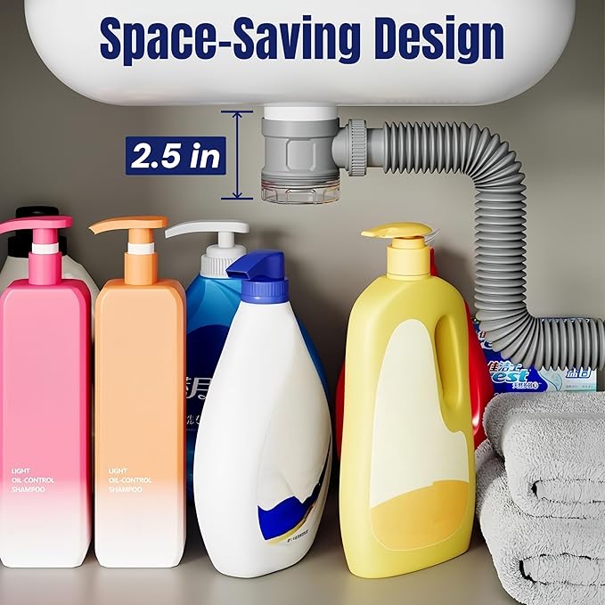 Bathroom Sink Drain Kit with Flexible Expandable Pipe: Odor-Free & Backflow-Preventing, Space-Saving Design without a P-trap, For 1-1/4'' & 1-1/2'' Drain Hole (Chrome, Without Overflow)