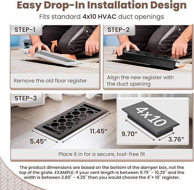 Floor Register 4x10 Vent Cover – 2 Pack – Heavy-Duty Steel, Rustproof & Walkable Grates, Drop-in Install, Adjustable Air Supply Switch - Decorative Honeycomb Design, Textured Black
