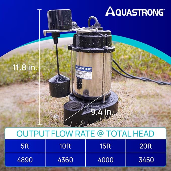 AQUASTRONG 3/4 HP Sump Pump Submersible, 4890 GPH Stainless Steel and Cast Iron Sump Pump, Automatic Integrated Vertical Float Switch with Piggy-back Plug,1-1/2" NPT Discharge Subpumps for Basement