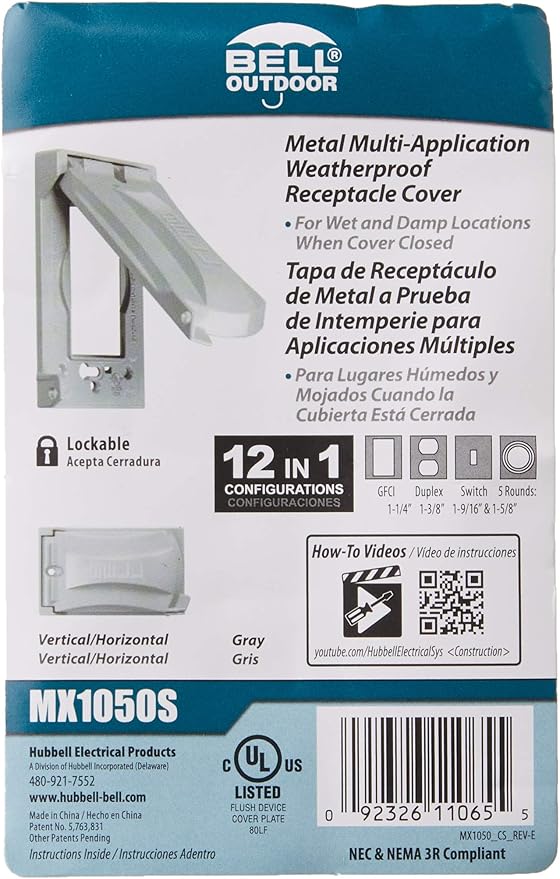 Hubbell Bell MX1050S Single-Gang Weatherproof Heavy Duty Universal Flip Cover Gray Finish (Pack of 2)