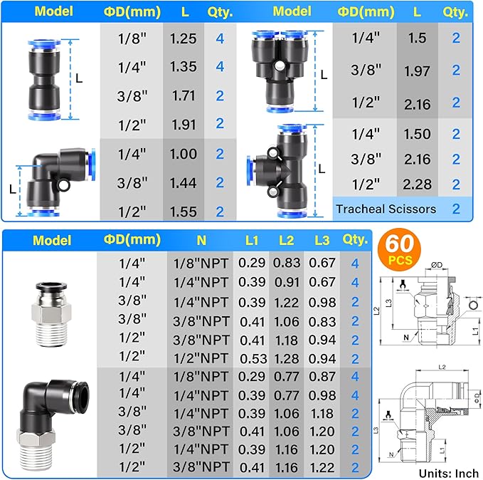 TAILONZ PNEUMATIC 1/4"3/8"1/2"1/8" Blue Straight and Elbow Push to Connect Fittings Air Hose Fittings,Suitable for Nylon/Polyurethane Air Tube and Other Connection Kits 64PCS