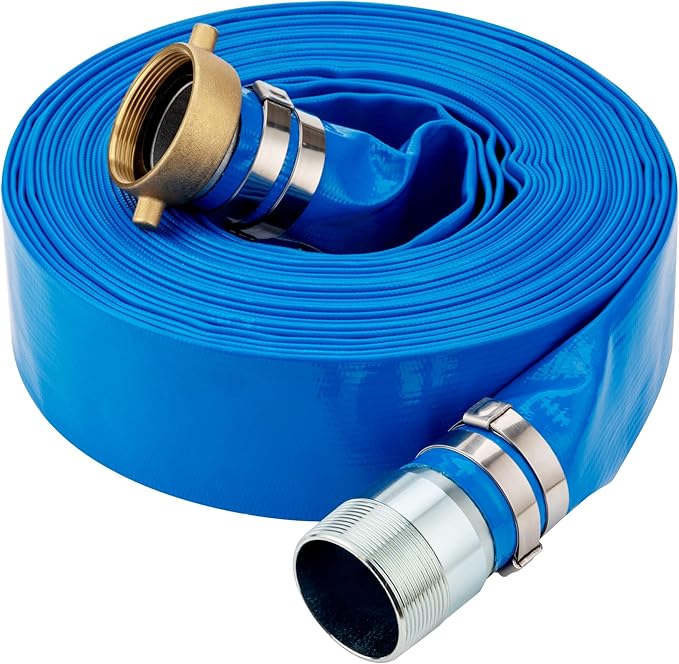DAVCO 2" ID x 100 ft Pool Backwash Hose, Heavy Duty Reinforced Blue PVC Lay Flat Water Discharge Pump Hoses For Swimming Drain Pools and Clean Filters, with Brass NPT Pin Lug and KC Nipple Fittings