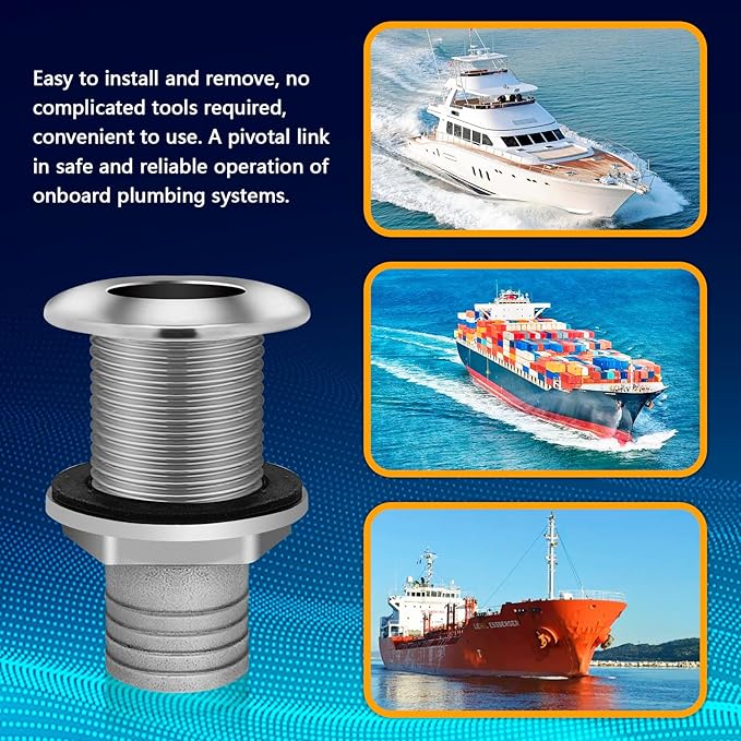 Thru Hull Fittings for Boats, Stainless Steel Yacht Through Hull Connecter with Straight Barb, Marine Barbed Hose Skin Fitting Drain for 3/4 inch I.D. Hose, 1 inch I.D. Hose