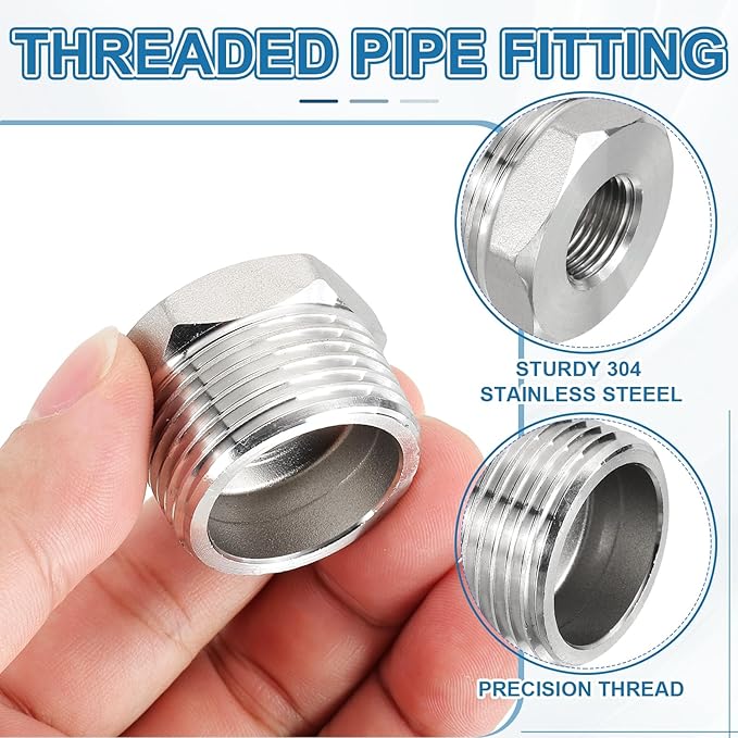 PATIKIL 304 Stainless Steel Reducer Hex Bushing 4 Pcs, 1" BSPT Male to 3/8" BSPT Female Pipe Reducing Adapter Fitting Connector for Water Gas Hydraulic Pipes Shower Hose, Silver