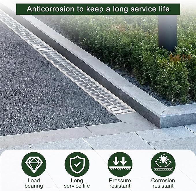 Blulu 1 Pcs 304 Stainless Steel Channel Drain with Galvanized Steel Grate 39.4x5.9x5.5 Inch Trench Drain Kit for 3'' Pipe Durable French Drains System for Outdoor Driveway Garage Yard (Silver)