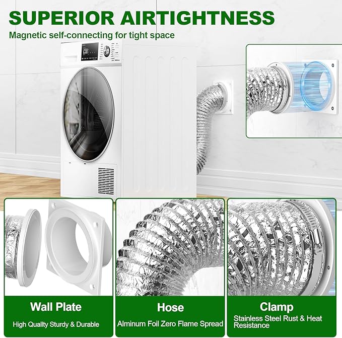 Magnetic Dryer Vent Coupling - Airtight Seal, Quick Connect Strong Magnet Dryer Vent Connector Kit with 4 inch 2.6ft Dryer Vent Hose & Clamps Screws Ideal for Small Bathrooms and Irregular Layouts