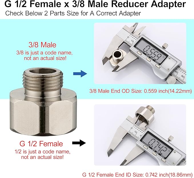 G 1/2 Female to 3/8 Male COMP Reducer Adapter, Brass Pipe Fittings Water Hose Adapter, Compression Fitting for Kitchen Bathroom Faucet, Pipe Connector with Rubber Washer,(2 Pack)