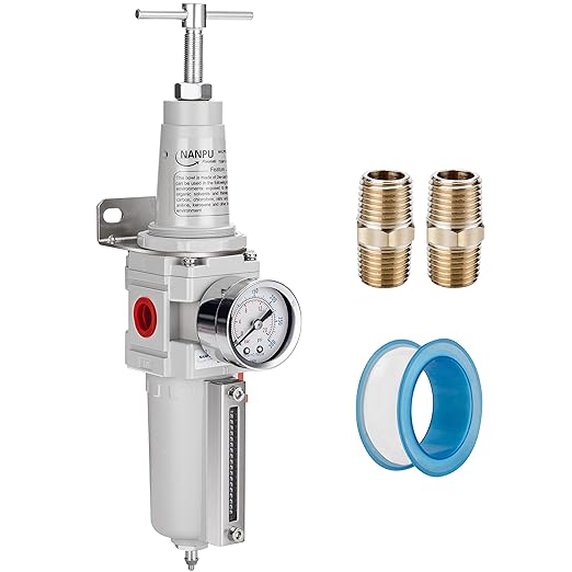 NANPU 1/2" NPT High Pressure Air Filter/Regulator Combo, T-Handle, Semi-Auto Drain, 0-300 Gauge, Metal Bowl