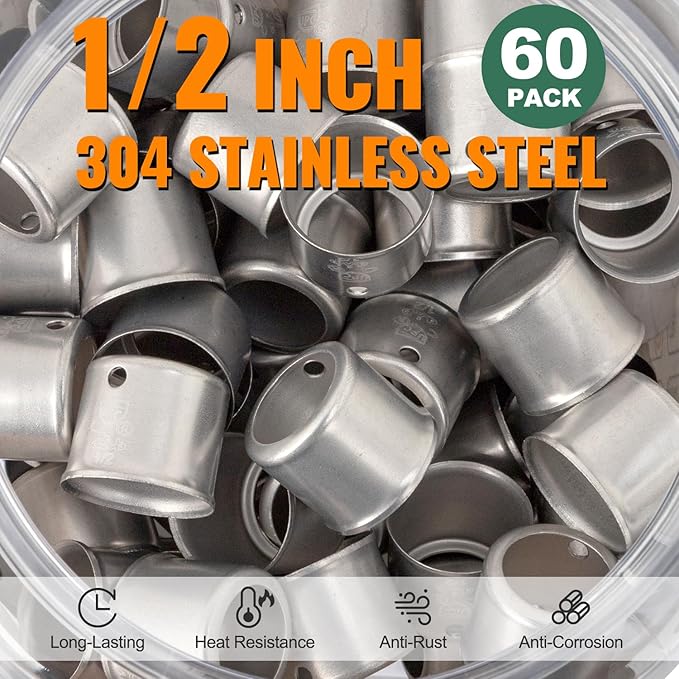 60 Pack 1/2" Pex Stainless Steel Press Sleeves, SUNGATOR 1/2'' Press Sleeves for 1/2 Inch Pex Pipe, Brass or Poly PPSU Pex Fittings