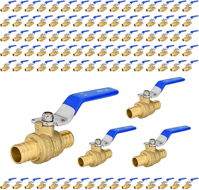100-Pack Foskan 3/4 Inch PEX Crimp Full Port Ball Valve with Blue Handle, Brass Quarter Turn Shut-off Valve for PEX Tubing