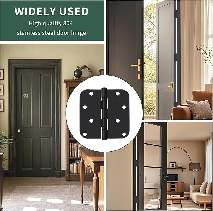 304 Stainless Steel 4 Inch Matte Black Door Hinges 5/8" Radius Corners Interior Hinges 4'' Ball Bearing Door Hinges- 3 Pack