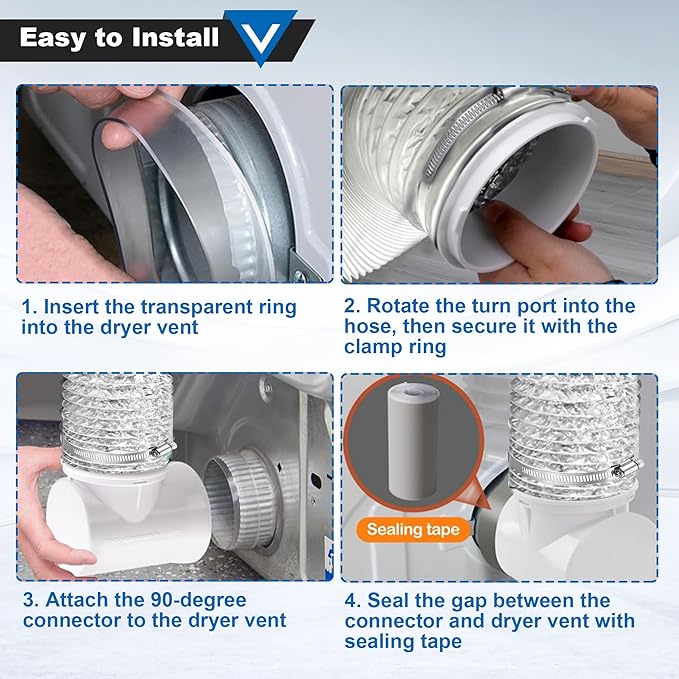 90 Degree Dryer Vent Elbow, 4" Dryer Vent Hose, Space Saving Connector Kit Clothes Dryers Duct Pipe Tube Connection Adapter for Tight Spaces with Clamp Sealing Tape