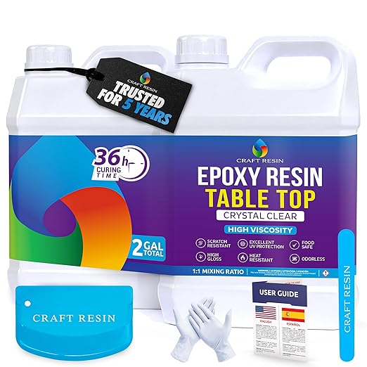 CRAFT RESIN 2 Gallons Table Top Epoxy Resin Kit – 1:1 Mix, Crystal Clear & High Gloss, UV Resistant, Self-Leveling, Food Safe Resin Epoxy 2 Part for Countertops, DIY Casting, Wood & Art Coating