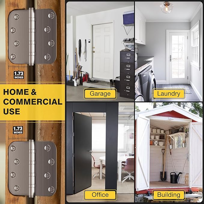 KOLET Ball Bearing Door Hinges, 4 x 4 Inches Door Hinges, Heavy Duty Stainless Steel Hinges, 5/8'' Radius Corner, Smooth and Quiet, Non Removable Pin, Brushed Nickel, 3 Pack