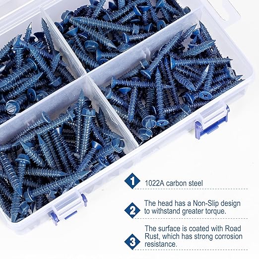 Concrete Screws Assortment Kit with Drill Bit, 216Pcs Concrete Screws 1/4”and3/16 Flat&Hex Head Masonry Block Brick Cement Screws and Anchors.Concrete Screws No Pre Drilling,Diamond Point,Blue Coated