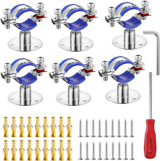 6PCS 304 Stainless Steel Wall Mount Ceiling Mount Pipe Supports,Suitable for OD Pipe 25-27mm,Adjustable Height 20-40mm,Adjustable Pipe Strap Clamp with Screws