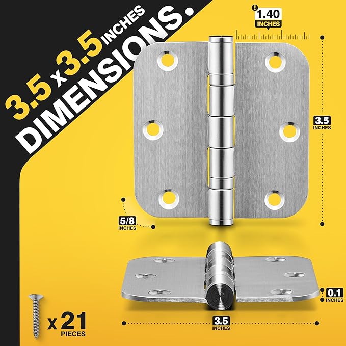 KOLET Ball Bearing Door Hinges, 3.5 Inches Door Hinges, 5/8'' Radius Corner Heavy Duty Stainless Steel Hinges, Smooth and Quiet, Non Removable Pin, Brushed Nickel, 3 Pack