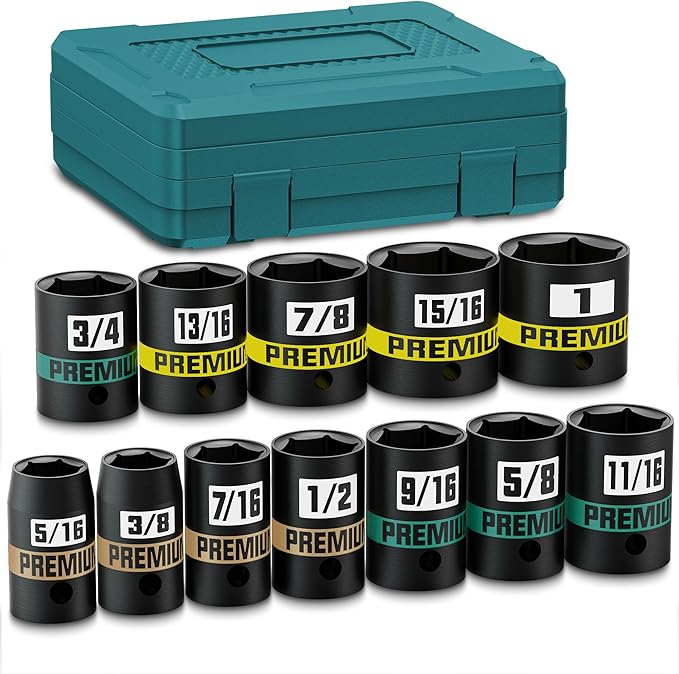 12-Piece 3/8" Drive Shallow Impact Socket Set, 5/16 to 1 inch, Semi-Deep Sockets, CR-V, Socket Set for Automotive and Home, SAE, 6 Point