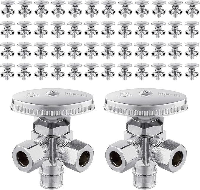 (Pack of 50) EFIELD Dual Outlet Angle Stop Valve, Multi-Turn, 1/2" Expansion F1960 Pex-a Pipe Inlet x (3/8 inch x 3/8 inch) Compression Outlet,(VALVE066-50PCS)