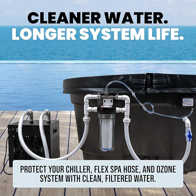 Cold Plunge Water Filter System, 10" Housing with 3/4" NPT Ports, 2× 50 Micron Pleated Filters, Mounting Kit & Wrench, Inline Sediment Filtration for Ice Baths, Whole House, Pool or Spa Use
