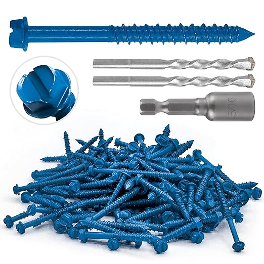 100Pcs 1/4" x2-3/4 Concrete Screws with Drill Bit, Hex Head Concrete Cement Screws Anchor Assortment Kit for Masonry, Block Brick or Stucco