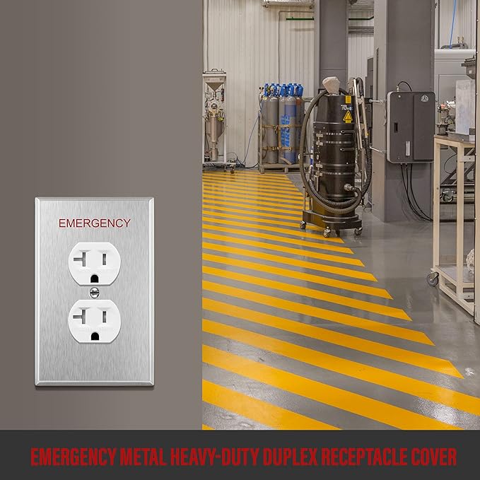 ENERLITES Duplex Receptacle Metal Wall Plate with Emergency Label, Stainless Steel Outlet Cover, Corrosion Resistant, Mid-Size 1-Gang 4.88" x 3.11", 430 Stainless Steel, 7721M-E, Silver