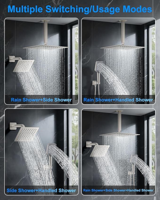 Shower System with Pressure Balance Valve, 12" Ceiling Mount Shower Faucet Set with 2 Rain Shower Head And Multi-function Handheld Head Push Button Diverter Pressure Balancing Valve Kit,Brushed Nickel