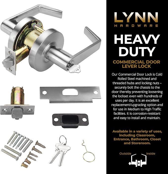 LYNN HARDWARE Commercial Door Lever Lock - Heavy-Duty Locking Door Handle, Designer Door Handles, Cylindrical Lever Lock, Non-Handed Grade 2 Door Handle, Satin Chrome, Entrance Keylock w/Clutch