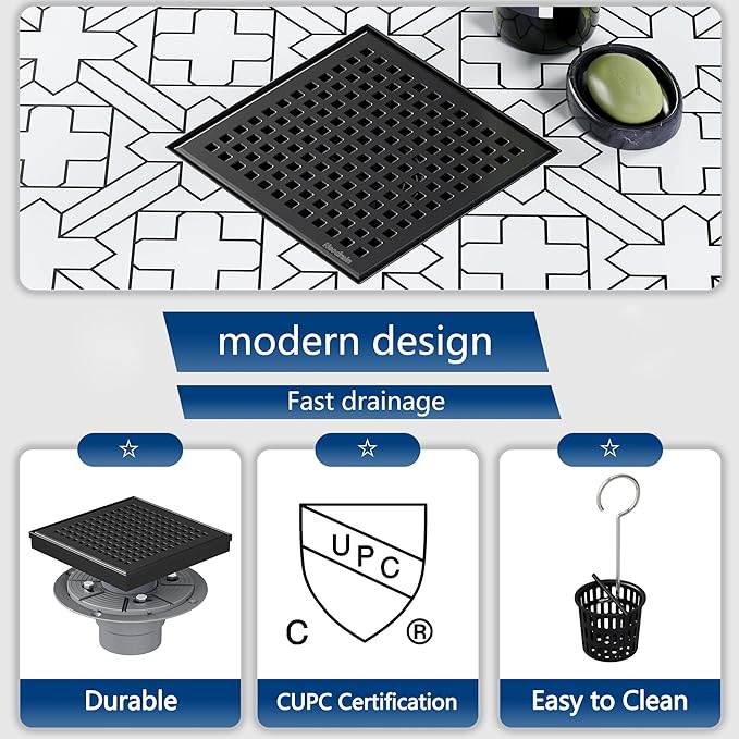 Neodrain 6 Inch Square Shower Drain, 304 Stainless Steel Bathroom Drainage with Removable Quadrato Pattern Grate, PVC Shower Drain Base, Hair Strainer for Bathroom Floor Drains, Matte Black