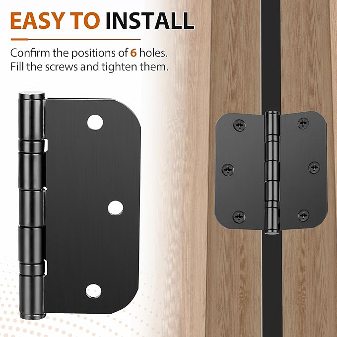 3.5 Inch Ball Bearing Door Hinges, 3-Pack Matte Black Heavy Duty Stainless Steel, 5/8" Radius Corner, Non-Removable Pin for Smooth Quiet Operation - Commercial Grade for Interior/Exterior Doors