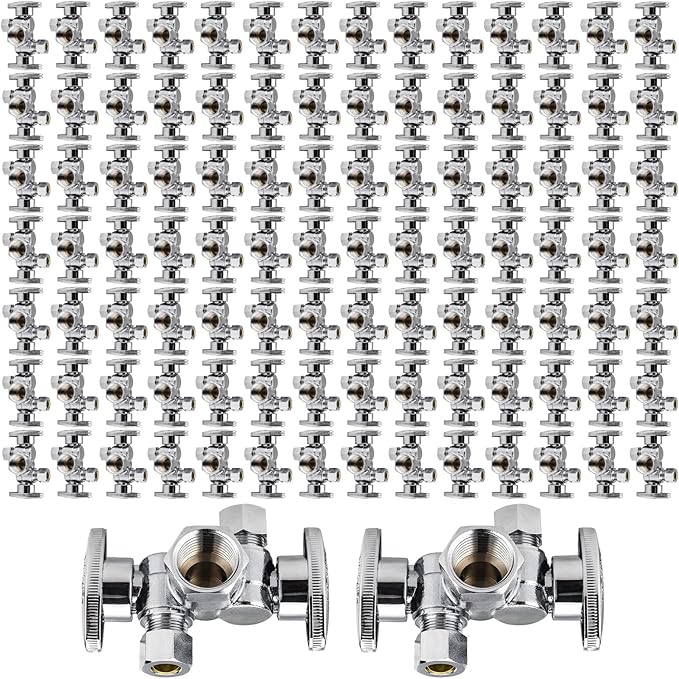 100-Pack EFIELD 1/4 Turn Dual Compression Outlet Angle Stop Valve with 2 Shut Off Valve/Handles, 1/2" Fip Iron Pipe x (3/8 inch x 3/8 inch) Chrome Plated,(VALVE140-100PCS)