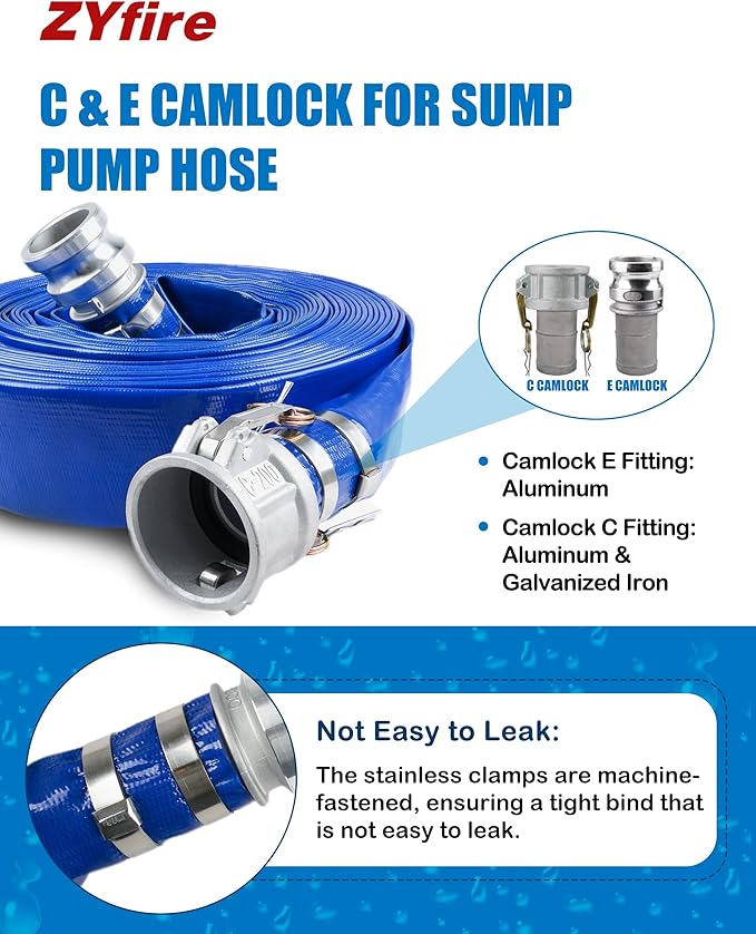 ZYfire Backwash Hose - 2" x 100 FT PVC Lay Flat Discharge Hose with Aluminum Camlock C & E Fittings Heavy Duty Reinforced Pump Discharge Hose Weather and Burst Resistant for Pool Drain, Sump Pump