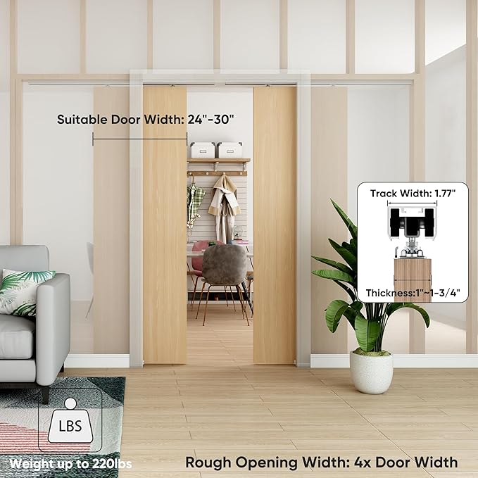 10FT Double Pocket Door Track Kit, 2 Sets of 56.7" Spliced Rail, Suitable for Double Door Width 48"-60"(Single Panel 24"-30"), Slide Quietly and Smoothly, Easy to Install