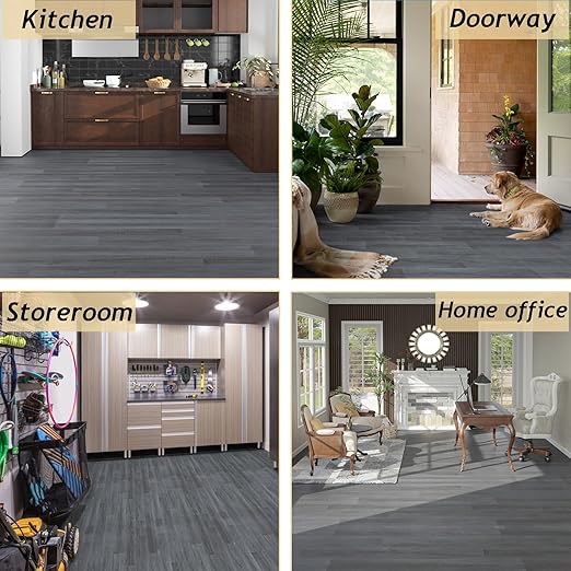Freshtour Vinyl Flooring Roll, Versatile Removable PET Leather-Like Floor Covering, Waterproof & Durable, Easy Tape Installation, Cost-Effective for Any Room, Dark Grey Oak/ 32.29 Sq.ft (39.3" x 118")